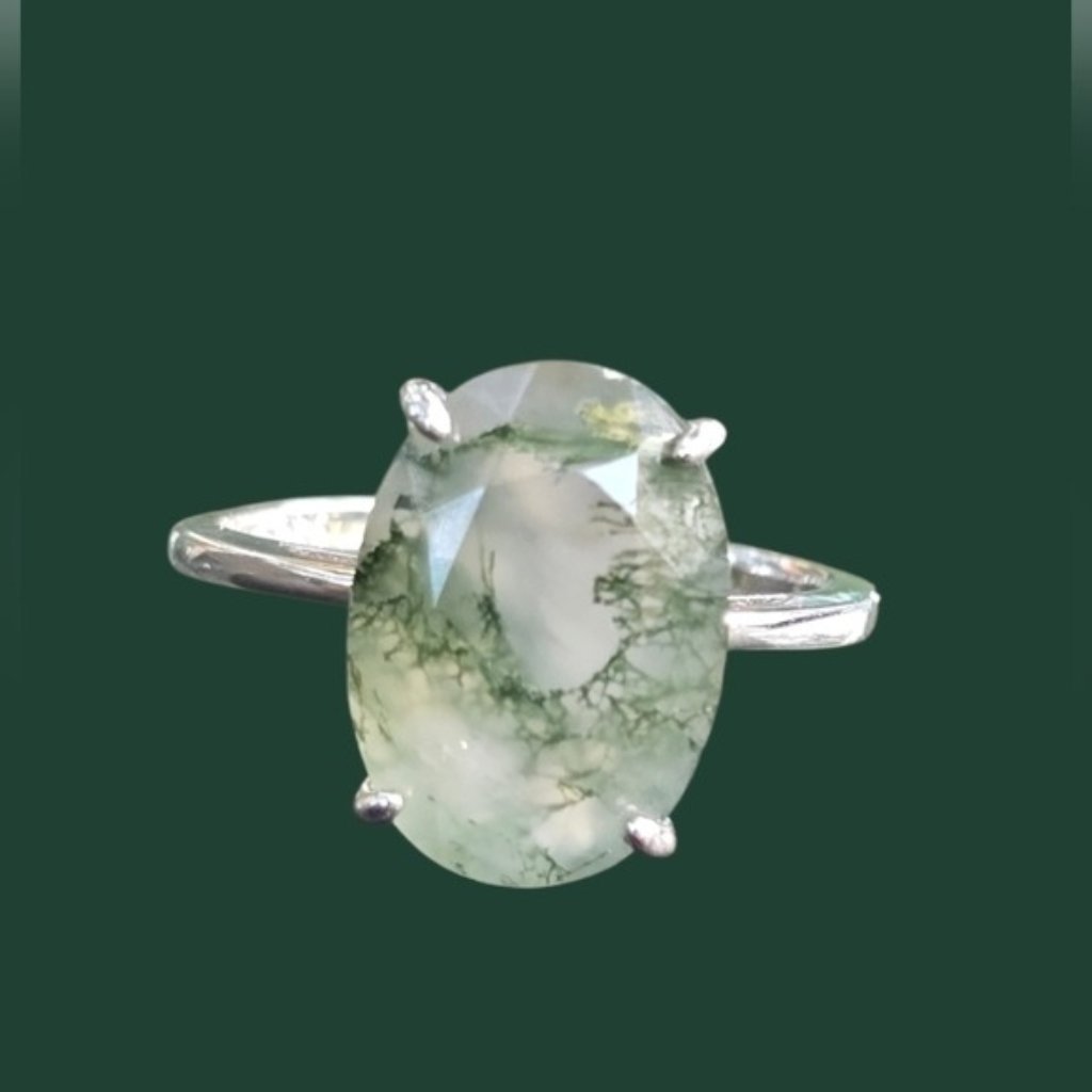 925 Sterling Silver Ring With Natural Moss Agate 9x14mm Gemstone